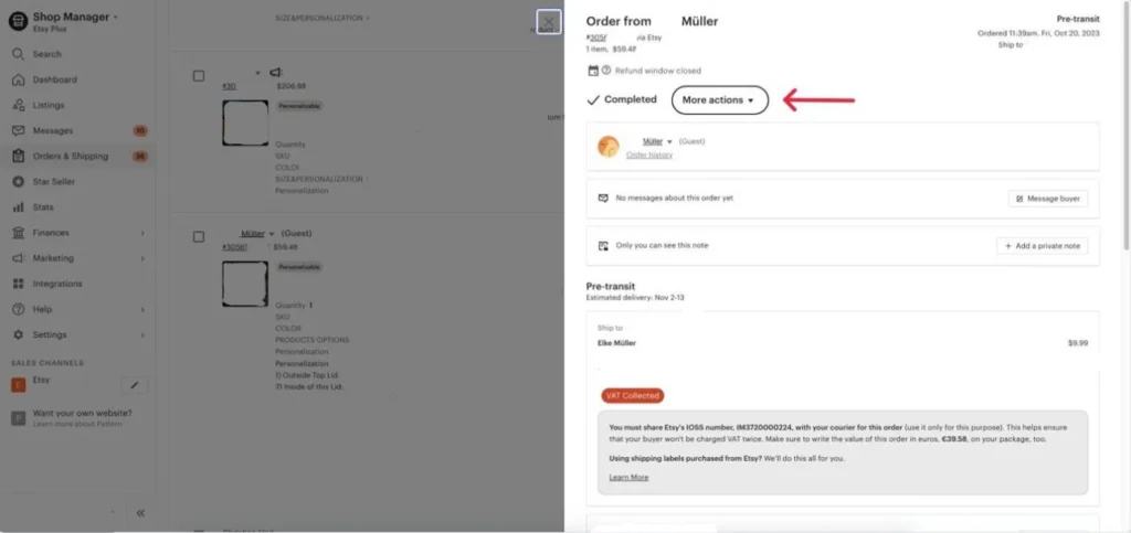 A screenshot of an Etsy order detail page for a buyer named Müller. The interface shows the order status as "Completed" and "Pre-transit," with a red arrow pointing to the "More actions" dropdown menu. A highlighted informational box at the bottom provides Etsy's IOSS number (IM3720000224) and instructs the seller to share it with the courier and write the order value in euros (€39.58) on the package to avoid double VAT charging.