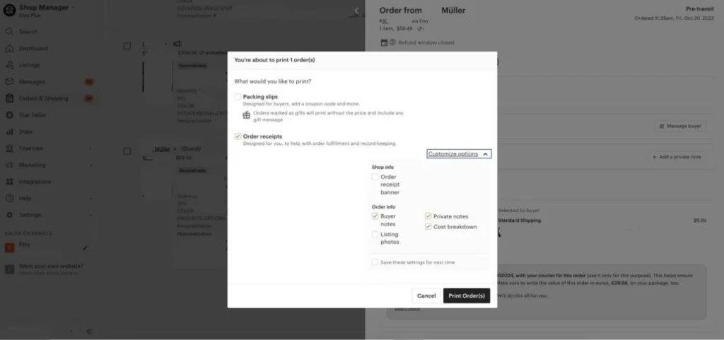 A screenshot of the "You're about to print 1 order(s)" modal window on Etsy. The seller can choose between printing "Packing slips" for buyers or "Order receipts" for record-keeping. The "Order receipts" option is checked, and a "Customize options" dropdown is open, showing settings for shop info (banner) and order info (buyer notes, private notes, cost breakdown). There are "Cancel" and "Print Order(s)" buttons at the bottom.