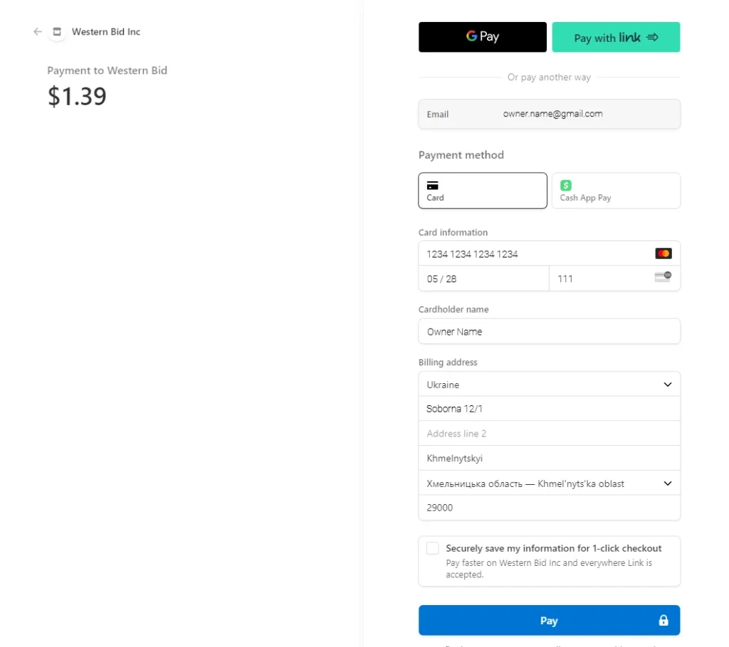 Скриншот страницы оформления платежа Stripe на сумму $1.39 в пользу Western Bid Inc. Форма содержит поля для электронной почты, информации о карте (номер, срок действия, CVC), имени держателя карты и адреса для выставления счёта в Хмельницком, Украина. Способы оплаты, такие как Google Pay и «Оплатить по ссылке», видны вверху, а синяя кнопка «Оплатить» — внизу.