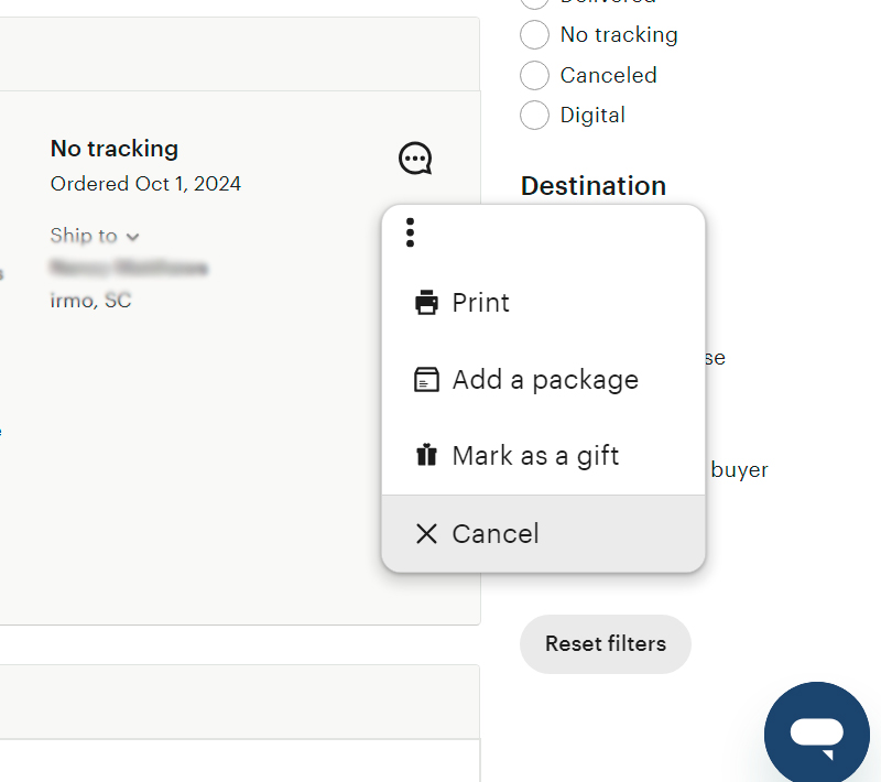 A close-up screenshot of the action menu for an order on Etsy. The dropdown menu is open, showing options to "Print," "Add a package," "Mark as a gift," and "Cancel." In the background, order details such as the shipping destination and order date are partially visible.