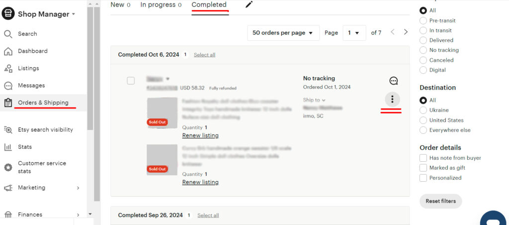 A screenshot of the Etsy "Shop Manager" dashboard under the "Orders & Shipping" section. It shows a list of completed orders with details such as order dates, customer locations in the USA, and item statuses. A sidebar on the right provides filtering options by shipping status and destination.