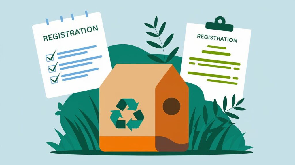 An illustration showing the registration process for LUCID. It features two registration documents with checkmarks and a cardboard box with a recycling logo set against a green leafy background.