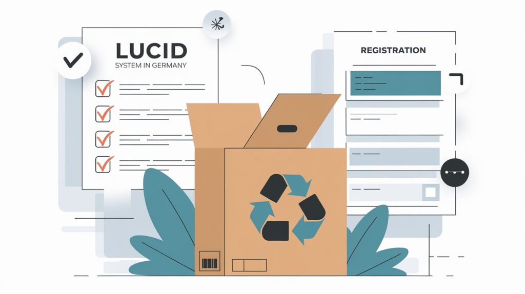 An educational illustration about the "LUCID SYSTEM IN GERMANY." It shows a cardboard box with a recycling symbol in the foreground, flanked by a registration form and a checklist with red checkmarks. The style is clean and professional, using a muted color palette of teal, orange, and grey.