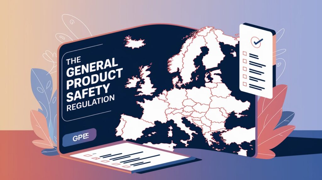 An illustrative graphic titled "THE GENERAL PRODUCT SAFETY REGULATION" featuring a map of Europe displayed on a stylized laptop screen. Next to the screen is a floating checklist with a blue checkmark, surrounded by decorative autumn-colored leaves on a pastel gradient background.