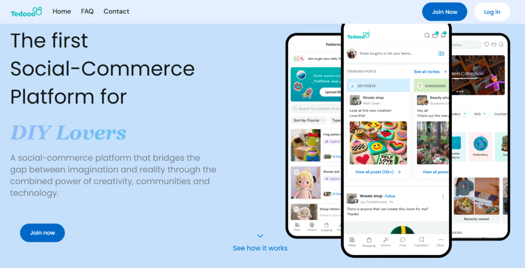Главная страница платформы Tedooo для любителей DIY, демонстрирующая интерфейс приложения на мобильных экранах.