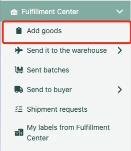 Screenshot of a side navigation menu in a fulfillment center dashboard with the "Add Product" option highlighted by a red box.