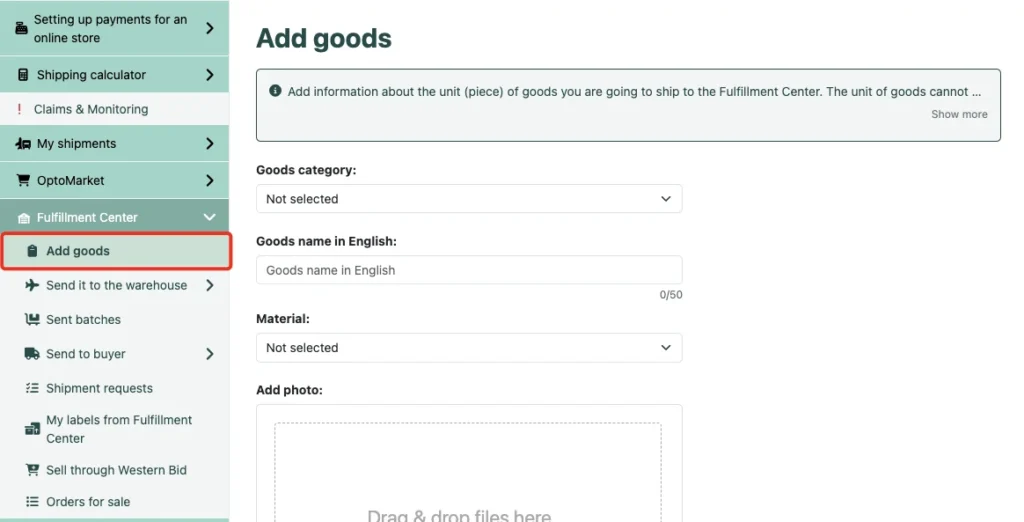 Interface of the "Add Product" form in a fulfillment dashboard, showing fields for category, English name, local language name, and material, with the "Add Product" menu item highlighted on the left.