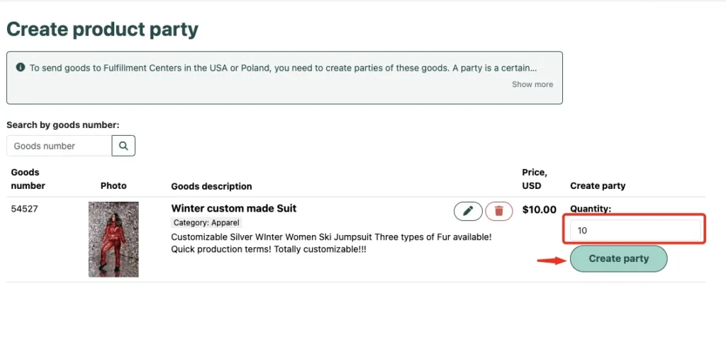 Dashboard interface for adding a product, featuring text fields for English and local language names, a category dropdown, and a blue information box with instructions for shipping to Miami.