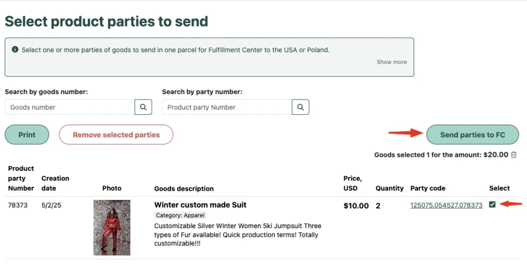 Dashboard interface for selecting product batches to ship, showing a list with a selected "Winter custom made Suit" batch, a "Send batches to FC" button, and options to print or delete selected items.
