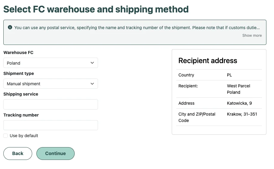 Interface for choosing a fulfillment center and shipping method, showing a form to select "FC Poland," delivery service type, and tracking number, with the recipient's address in Krakow displayed on the right.