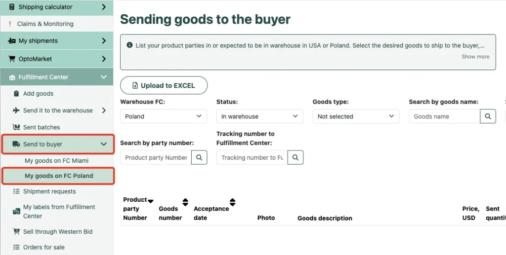 Dashboard interface for shipping items to customers from the Miami warehouse, featuring instructions for internal and external orders, a status filter set to "In stock," and a red box highlighting the product list