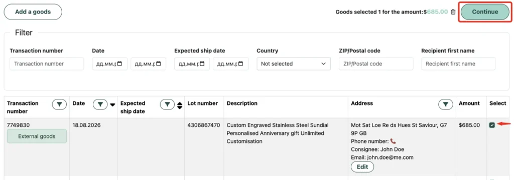 Interface for selecting an external product transaction, displaying details such as order number, date, address, and total amount ($100.00), with a checkbox selected and a "Continue" button highlighted