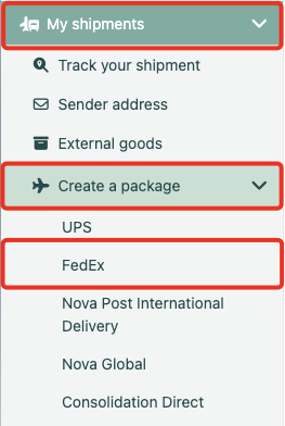 “My shipments” — “Create a package” — FedEx menu