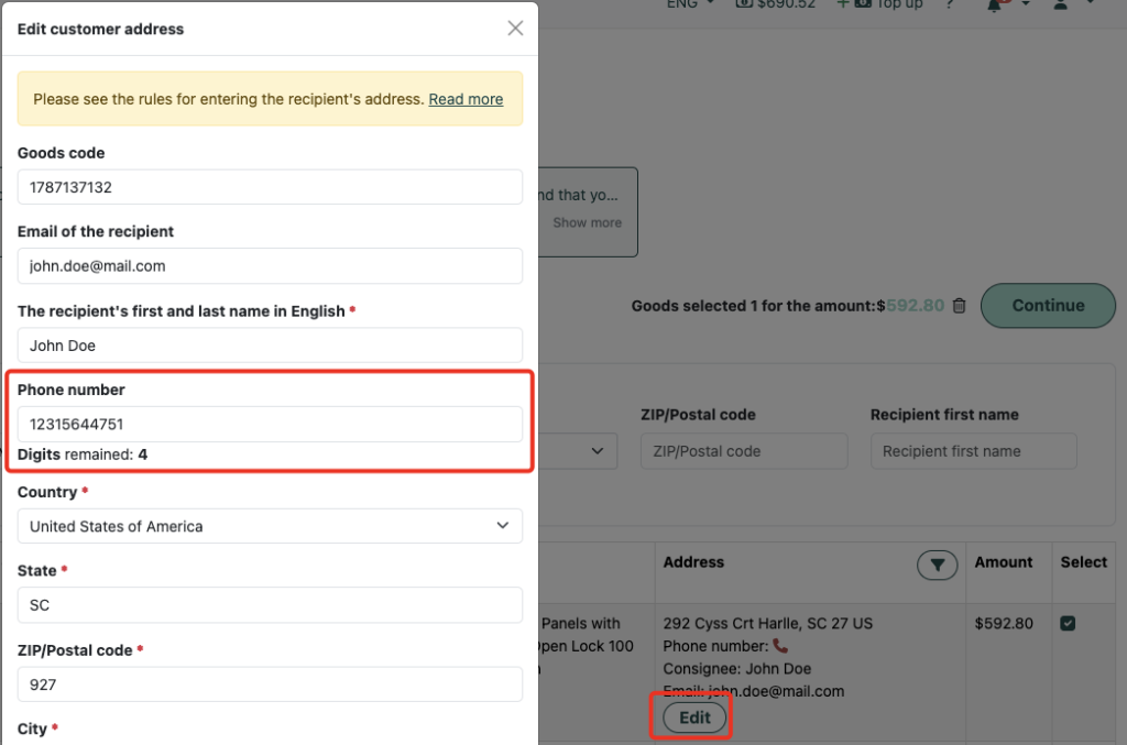 Editing the recipient’s address and phone number