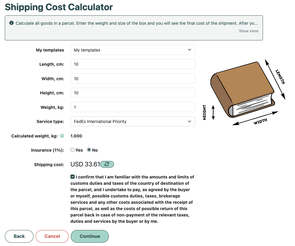 Shipping cost calculator: weight and dimensions