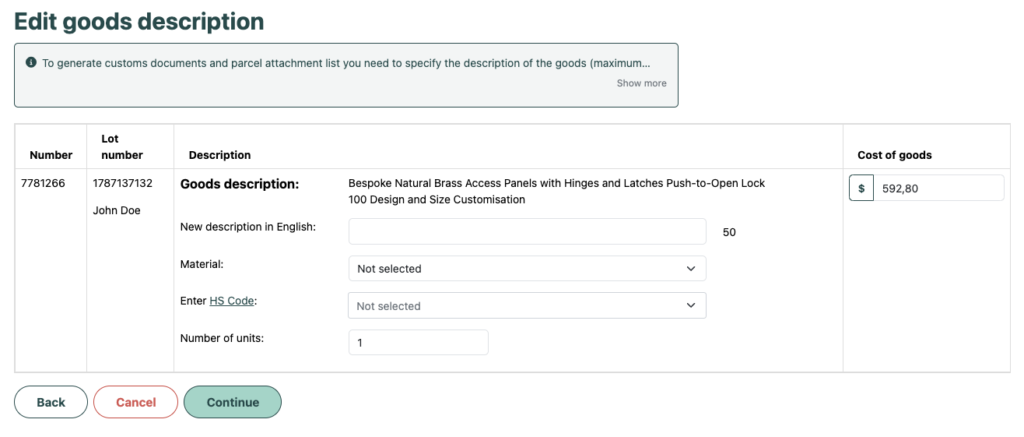 Editing the customs description of goods