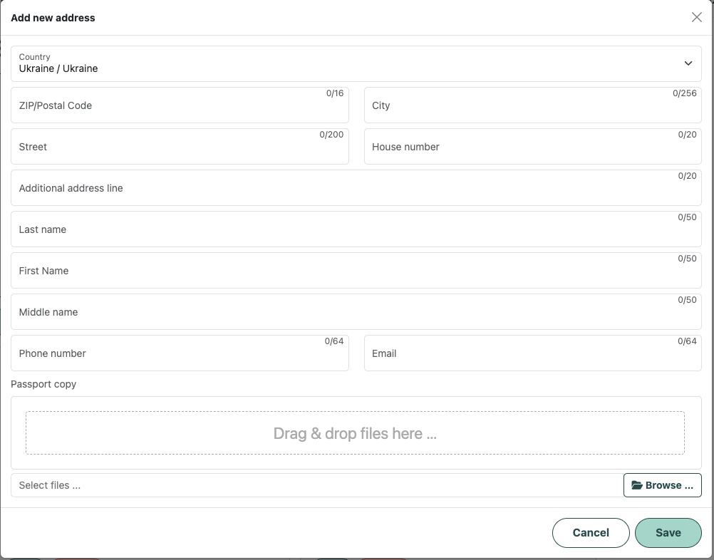 Adding the sender’s address and passport copy