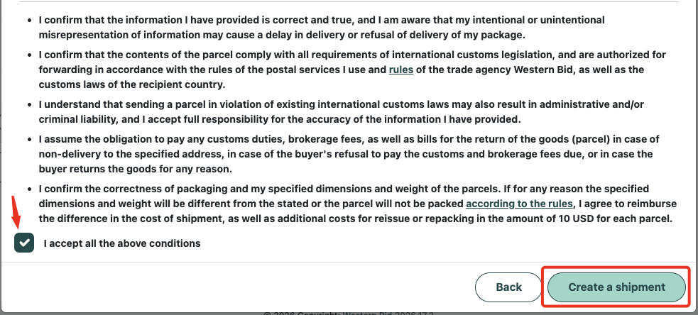 Accepting the shipping terms and creating the shipment