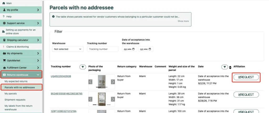 “Parcels with no addressee” section in the Western Bid personal account