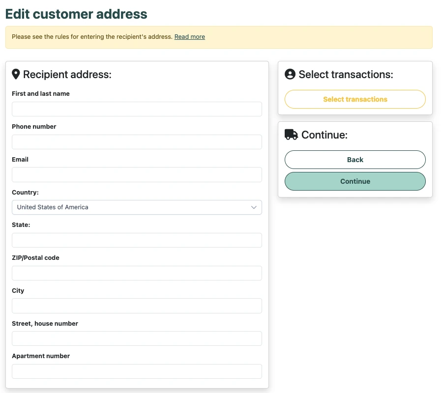 “Edit customer address” form
