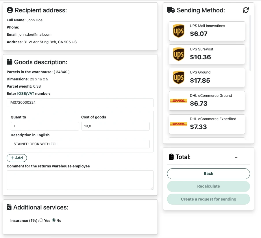 Goods description and shipping method selection