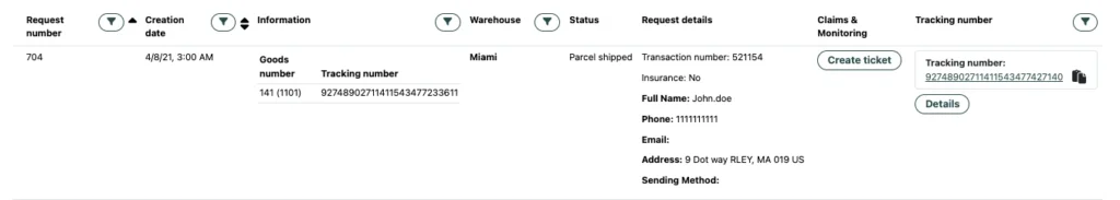 “Shipment requests” section with the tracking number