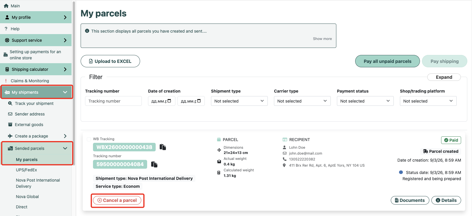 My parcels section in the Western Bid personal account: the Cancel a parcel button in the shipment card