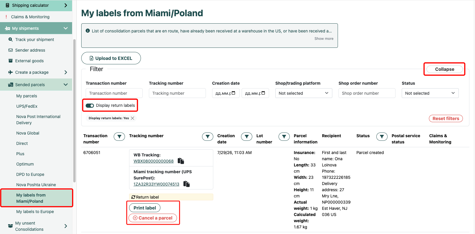 My labels from Miami/Poland section in the Western Bid personal account: return labels shown, Cancel a parcel button