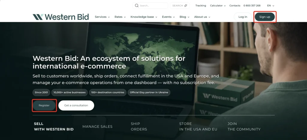 Western Bid home page: the Sign up button in the header and the Register button on the first screen