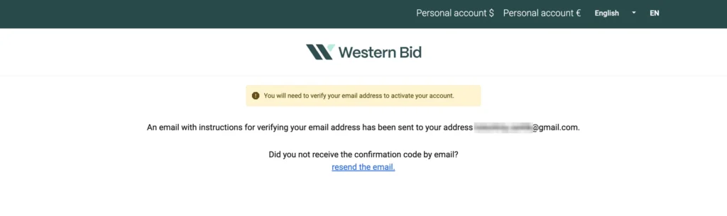 Message that an email to confirm your email address has been sent