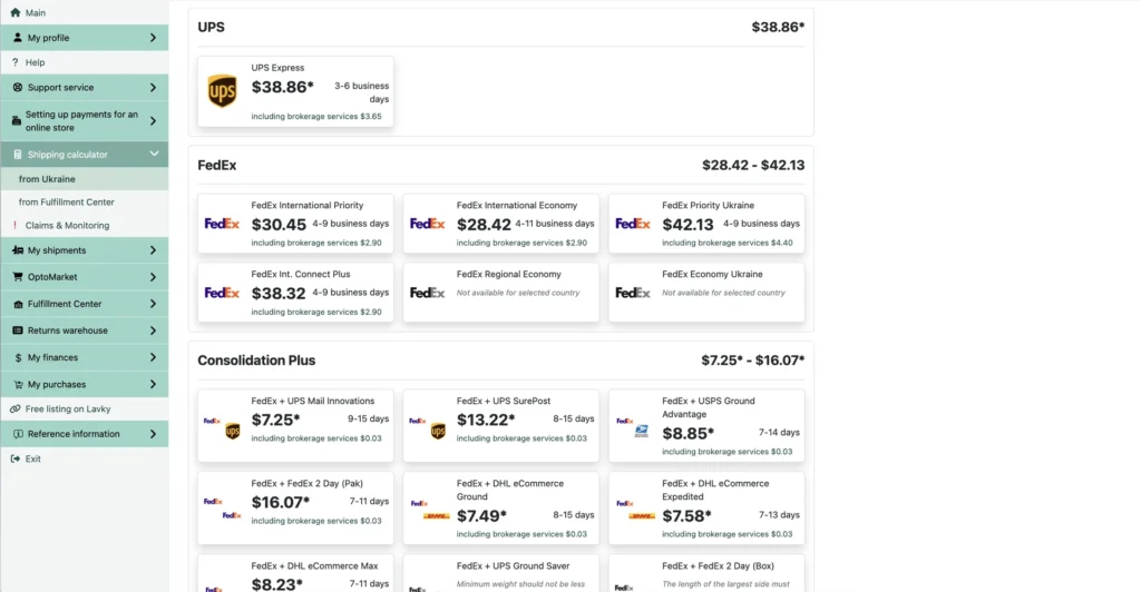 Calculation results: UPS, FedEx and Consolidation Plus delivery methods with costs and delivery times