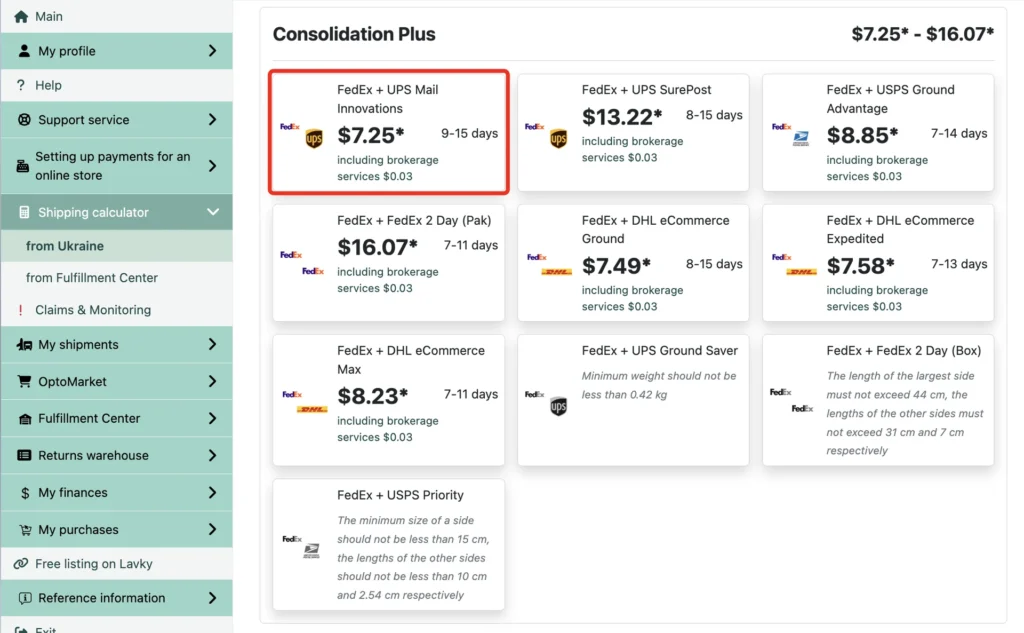 The FedEx + UPS Mail Innovations option in the Consolidation Plus block