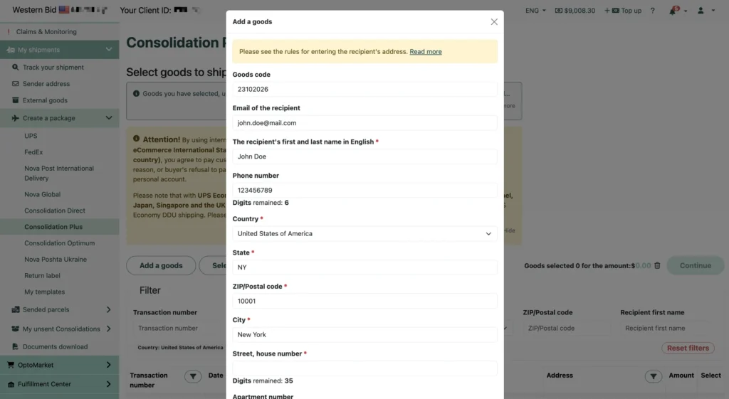 The “Add a goods” form: goods code, contact details and the recipient’s address