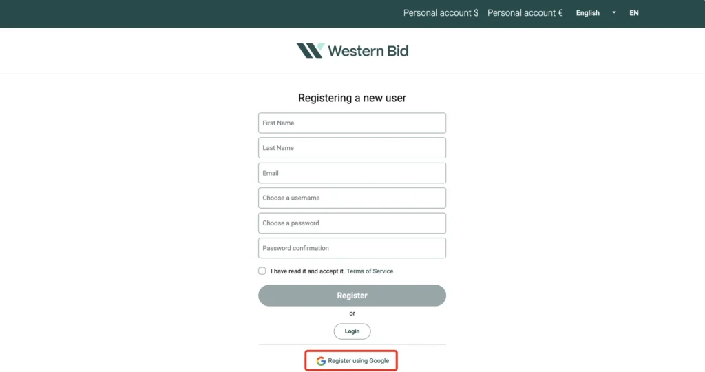 New user registration form with the “Register using Google” button