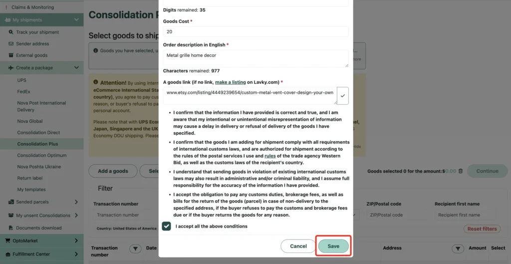 Checkbox to accept the shipping terms and the “Save” button