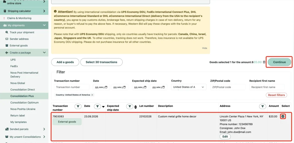 Item marked “External goods” in the table, the “Select” checkbox and the “Continue” button