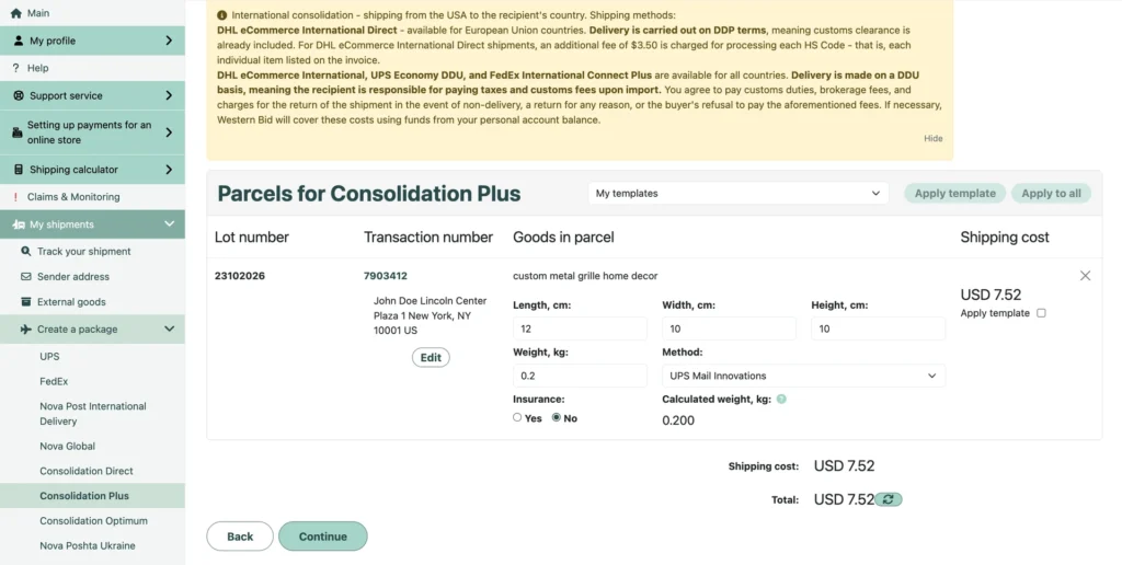 Parcel review page: recipient, dimensions, weight, delivery method and shipping cost