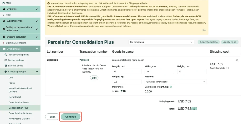The “Continue” button on the shipping cost review page