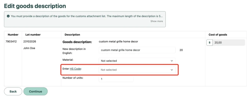 The “Edit goods description” page: selecting the HS code