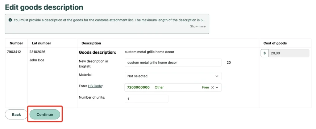 Selected HS code and the “Continue” button