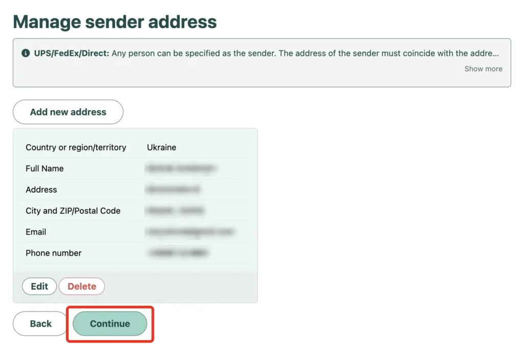 The “Manage sender address” page with the “Continue” button