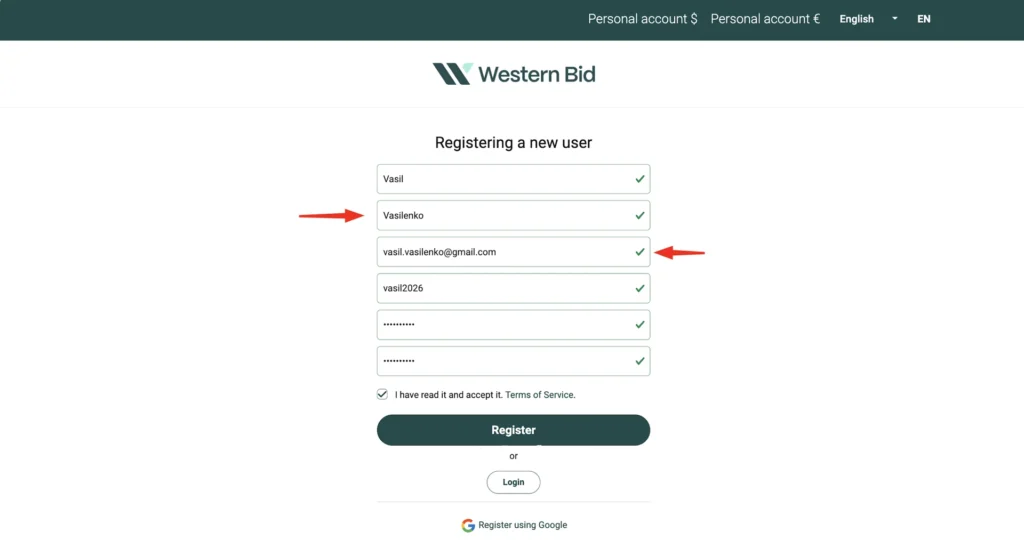 Completed registration form: first name, last name, email address, username and password