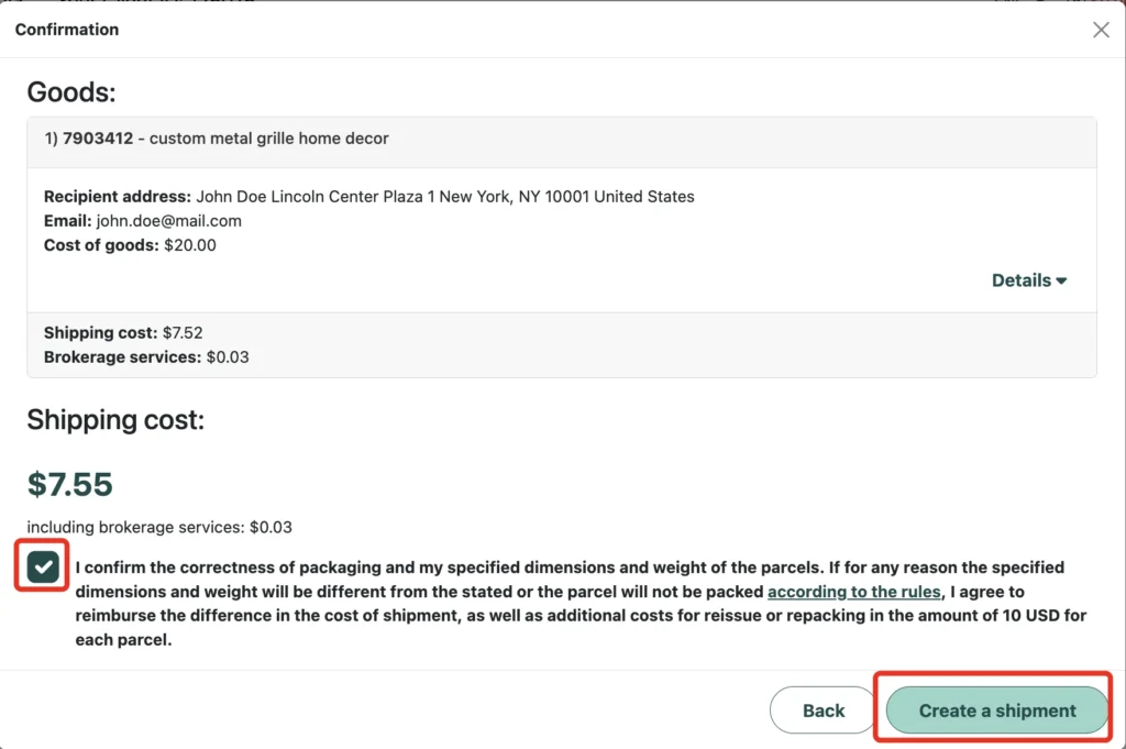 Confirmation window: consent checkbox and the “Create a shipment” button