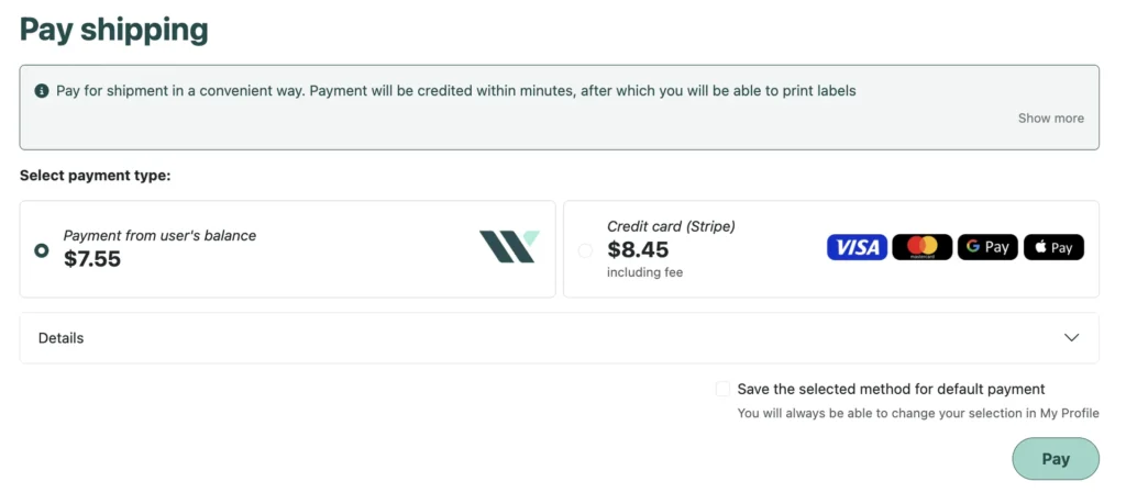 The “Pay shipping” page: payment from balance or by card via Stripe
