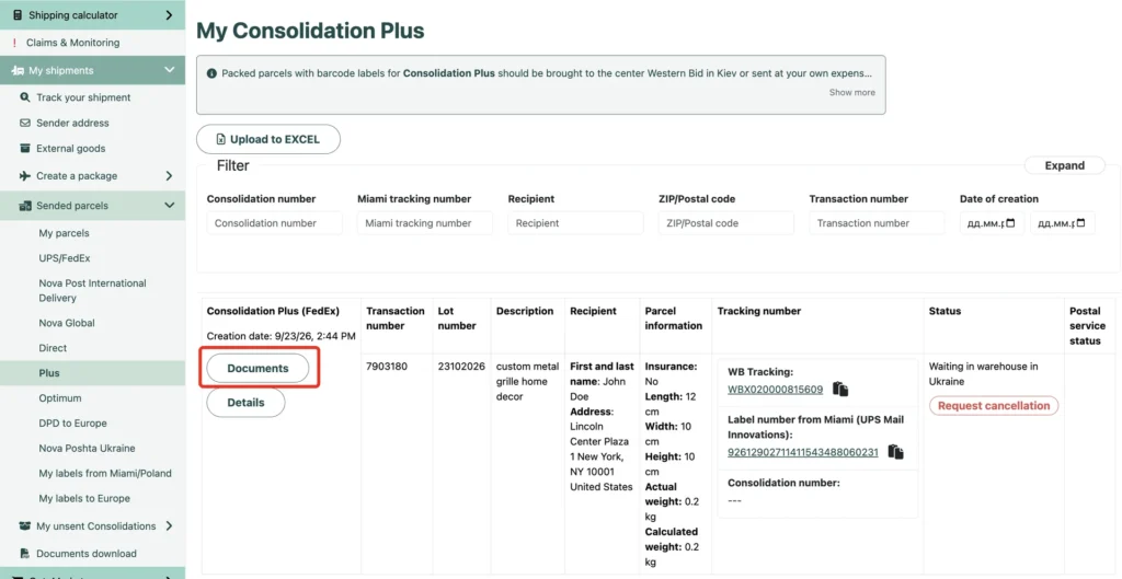 The “My Consolidation Plus” section with the “Documents” button
