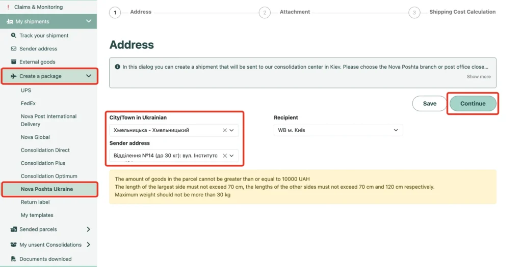 Creating a Nova Poshta Ukraine shipment: city, branch and the “Continue” button