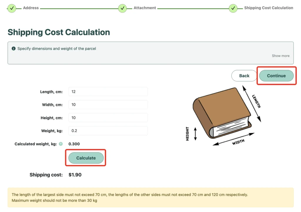 Shipping cost calculation: dimensions, weight, the “Calculate” and “Continue” buttons