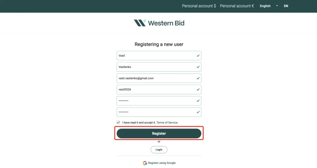 Terms of Service checkbox and the “Register” button