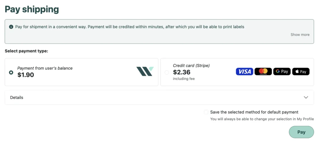 Choosing a payment method and the “Pay” button