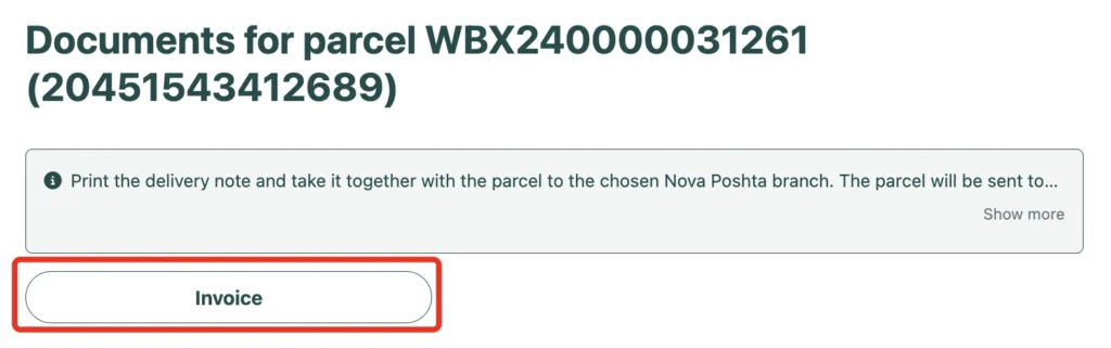 Parcel documents page with the “Invoice” button